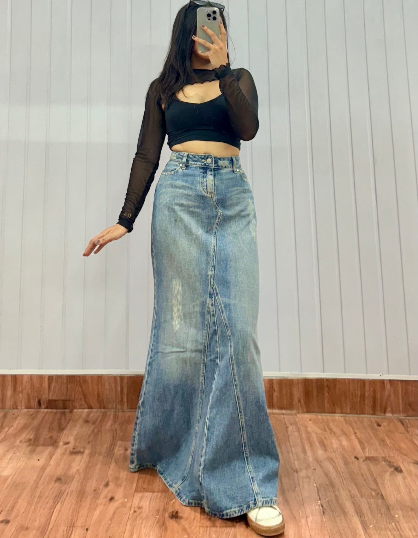 S16-30 Fishcut Denim Long Skirt